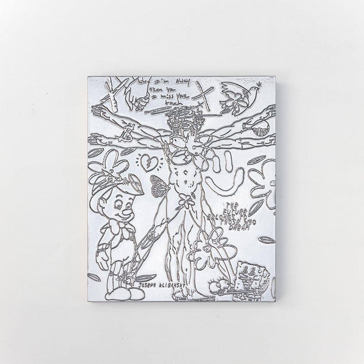 A chrome painting, collectible sculpture by artist Joseph Klibansky, depicting a chrome or slip silver colored image of a relief painting etching on wood