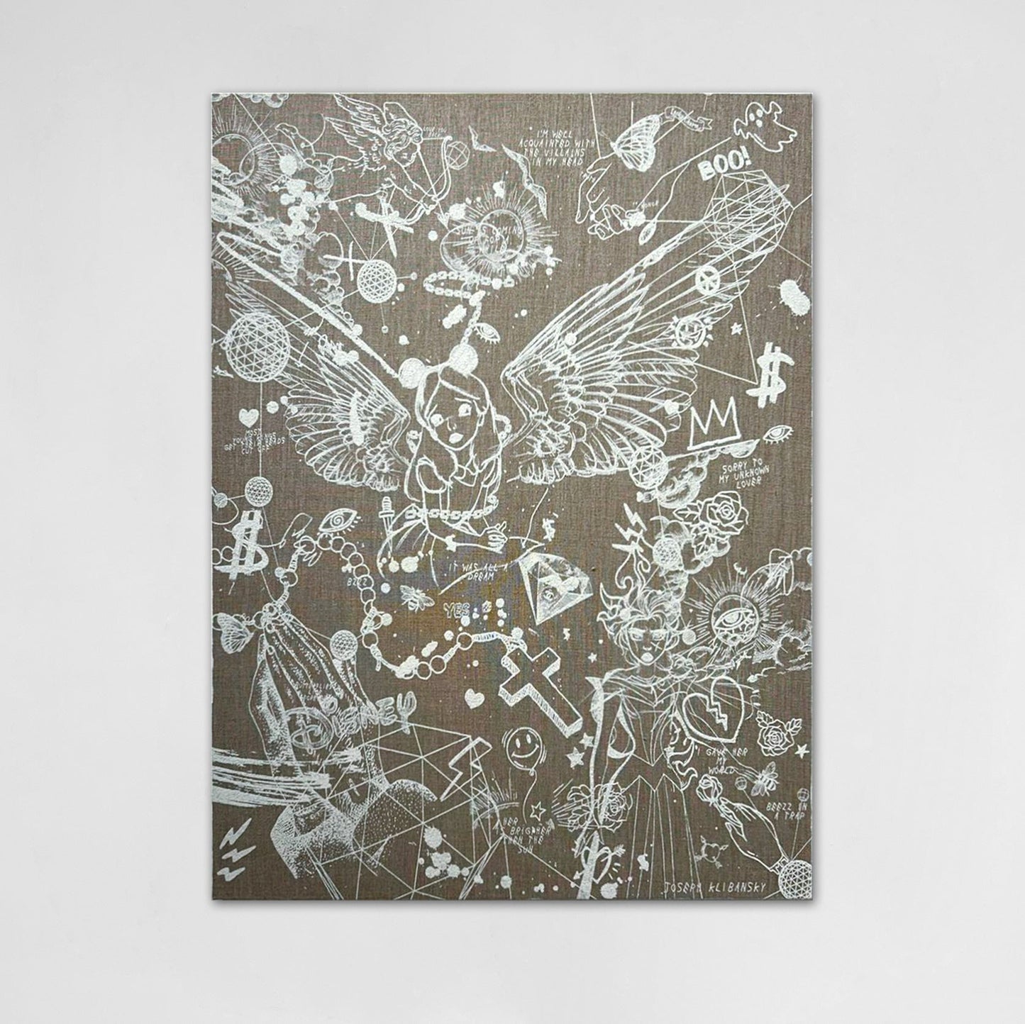 Villains in my Head (white on unprepared canvas, 60x80)